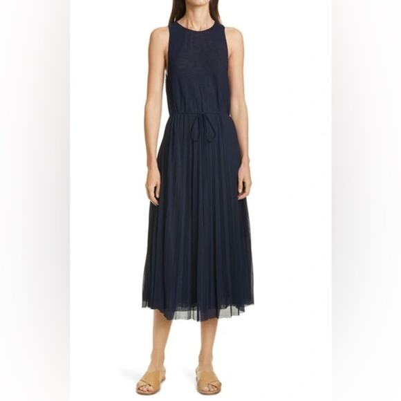 Vince Dresses & Skirts - VINCE. Navy Blue High Neck Pleated Maxi Dress Size Small Semi Sheer